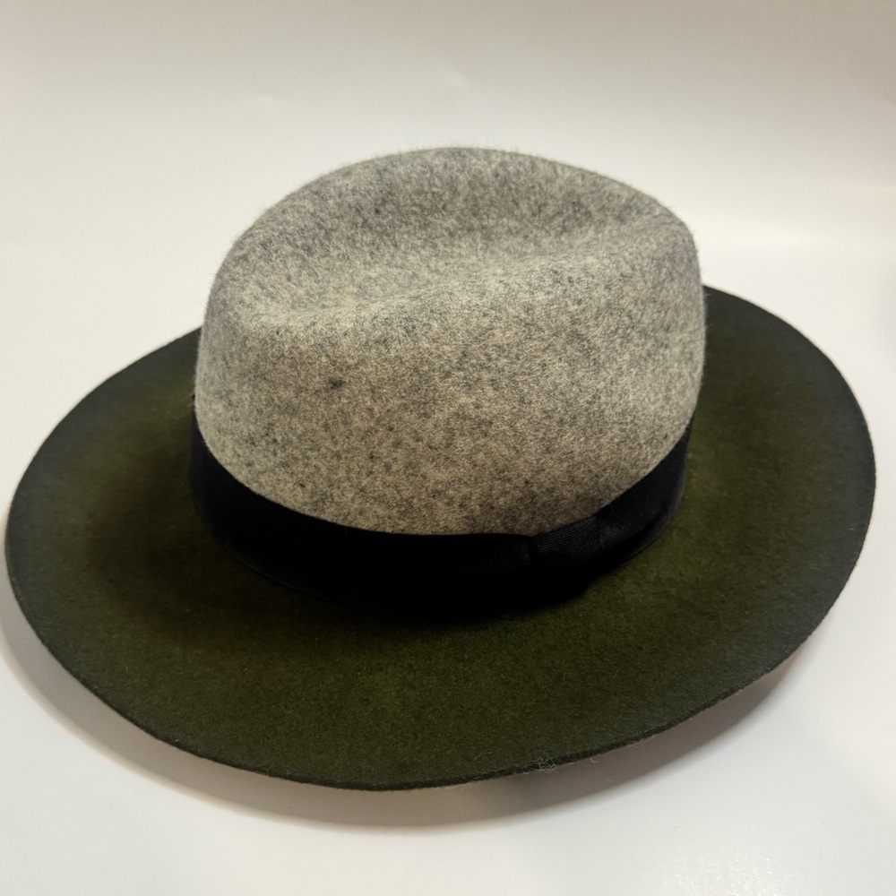 Vintage Style Women’s Wool Fedora Hat Gray & Olive Wide Brim Ribbon